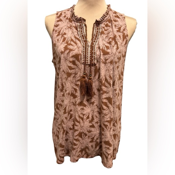 J Jill Bellissima Tasseled Top Peasant Blouse Tassel Split Neck Floral Sz Medium - Picture 2 of 11